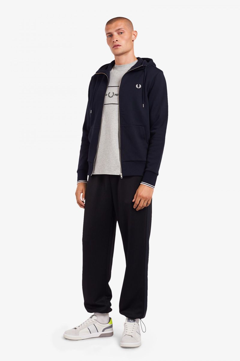 Men's Fred Perry Hooded Zip Through Sweatshirts Navy | 8072634-VB