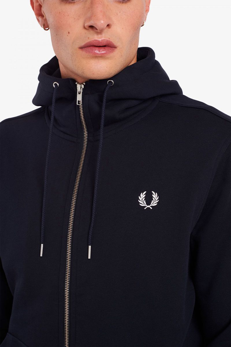 Men's Fred Perry Hooded Zip Through Sweatshirts Navy | 8072634-VB