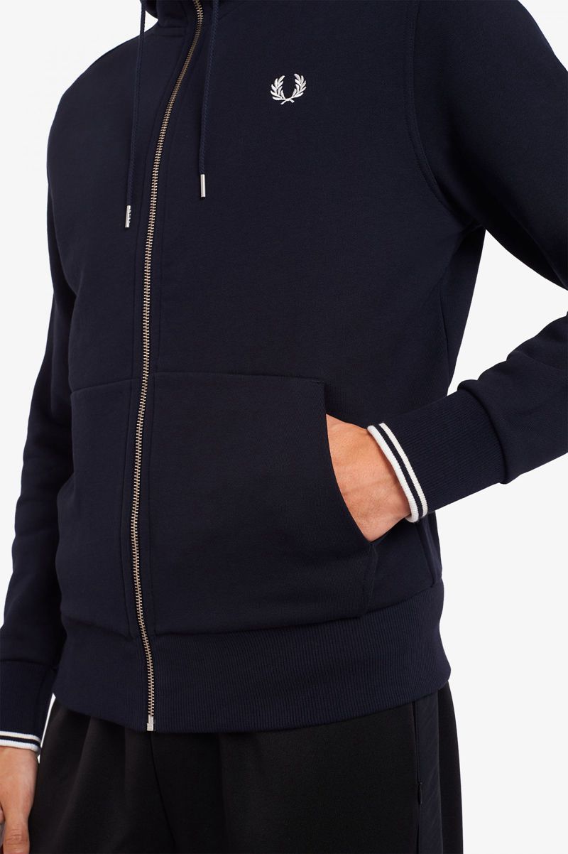 Men's Fred Perry Hooded Zip Through Sweatshirts Navy | 8072634-VB