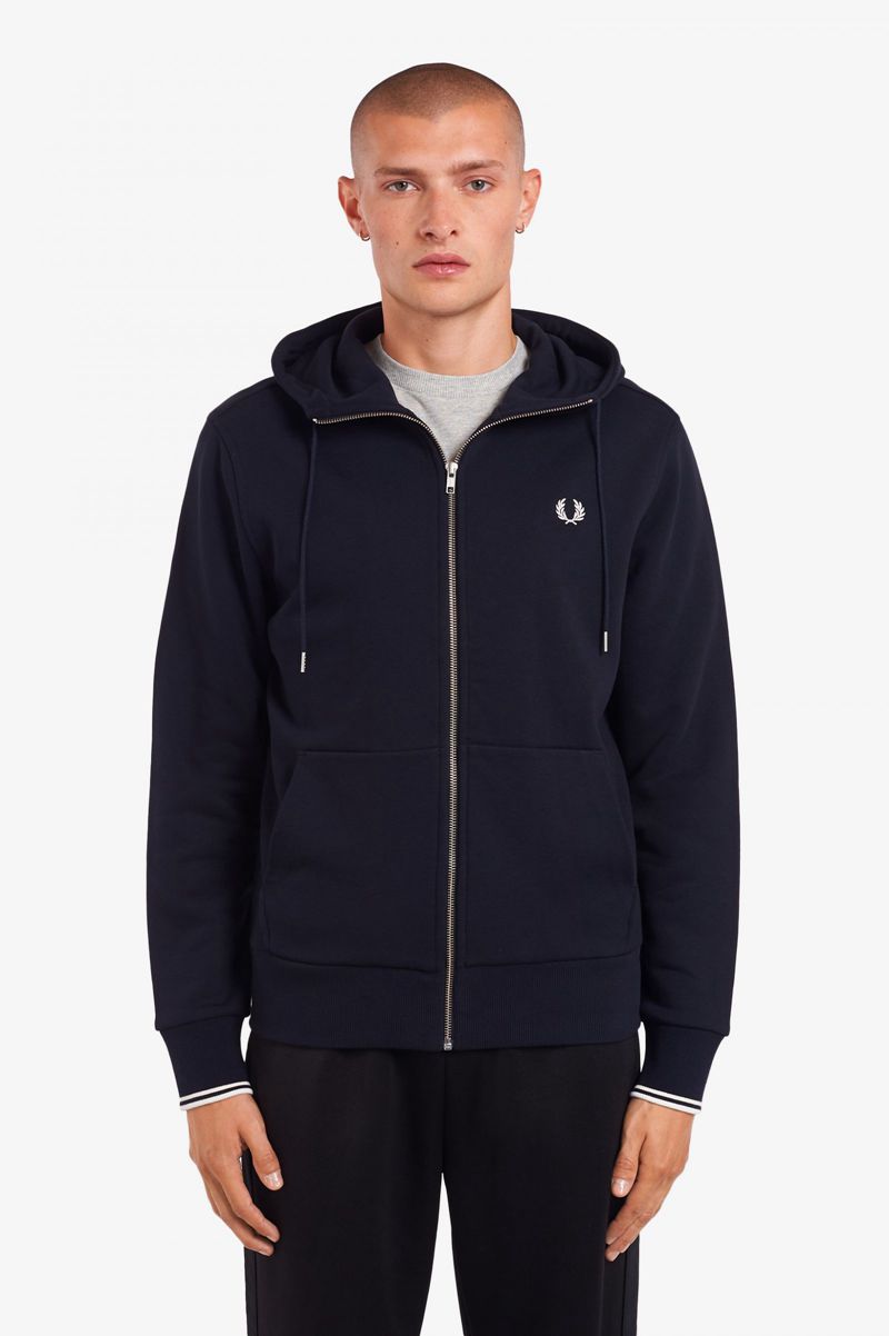 Men\'s Fred Perry Hooded Zip Through Sweatshirts Navy | 8072634-VB