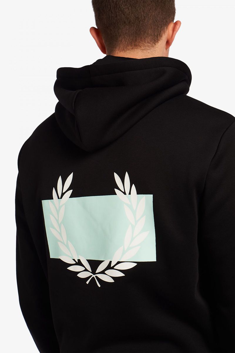 Men's Fred Perry Laurel Wreath Print Hooded Sweatshirts Black | 3421670-HK