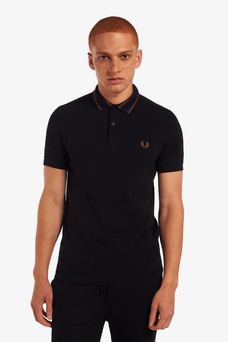 Men\'s Fred Perry Medal Stripe Polo Shirts Black | 5068274-LK