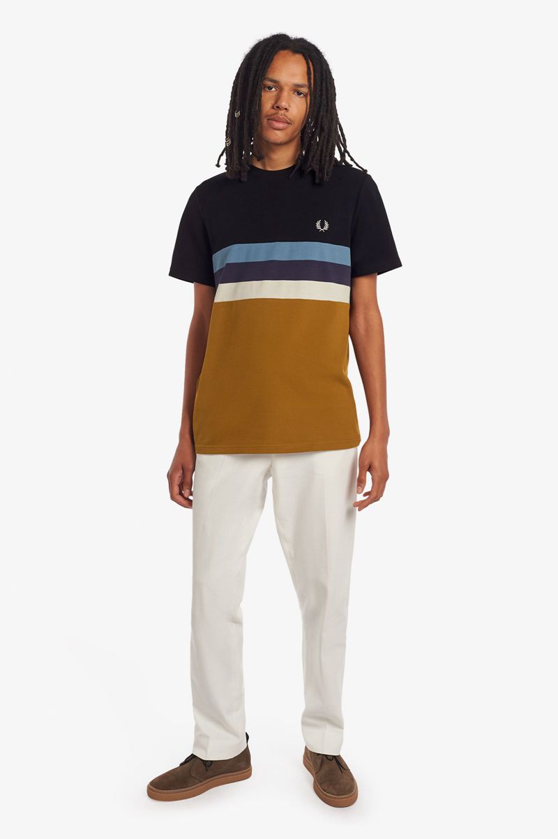 Men's Fred Perry Panelled Stripe T-Shirts Camel | 1789426-TS