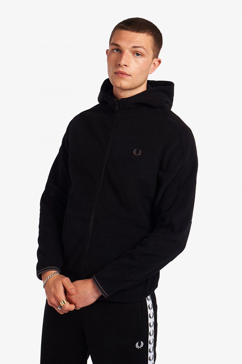 Men's Fred Perry Polar Fleece Hooded Track Jackets Black | 3140289-TD