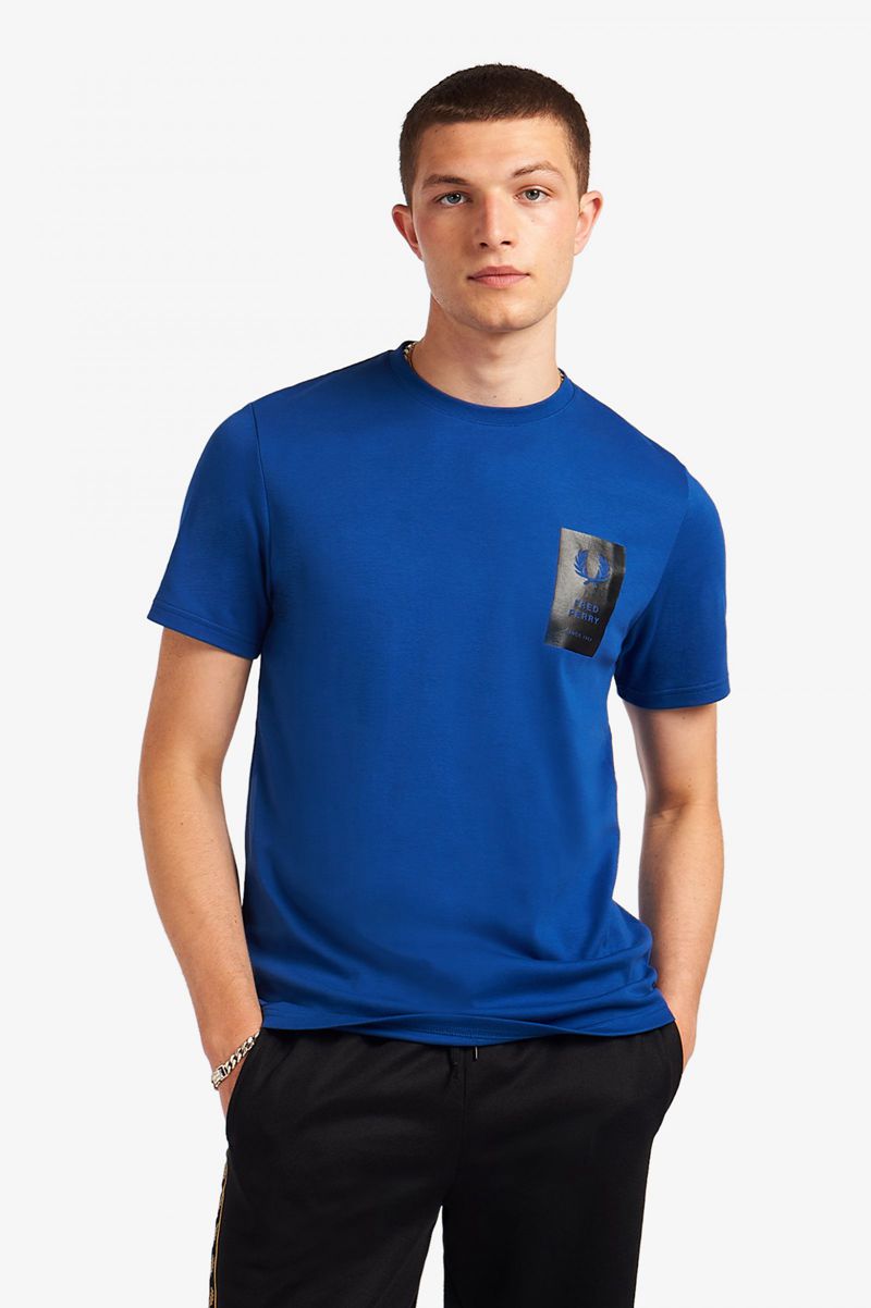 Men's Fred Perry Printed Chest Patch T-Shirts Royal | 6347958-TE