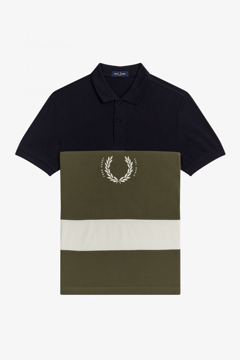 Men's Fred Perry Printed Colour Block Polo Shirts Navy | 5427316-FH