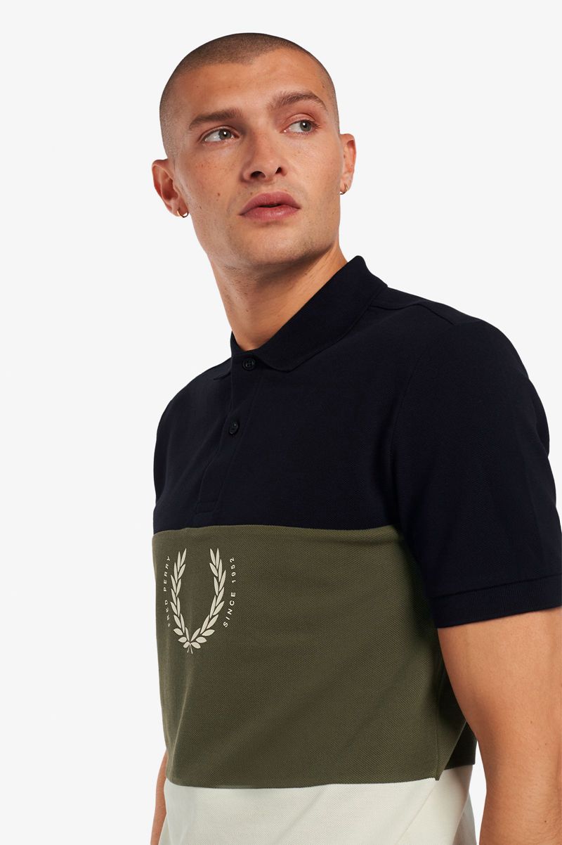 Men's Fred Perry Printed Colour Block Polo Shirts Navy | 5427316-FH