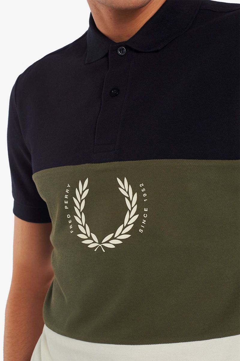 Men's Fred Perry Printed Colour Block Polo Shirts Navy | 5427316-FH