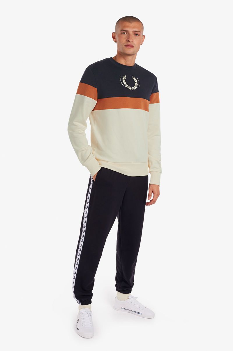 Men's Fred Perry Printed Colour Block Sweatshirts White | 8632947-XP