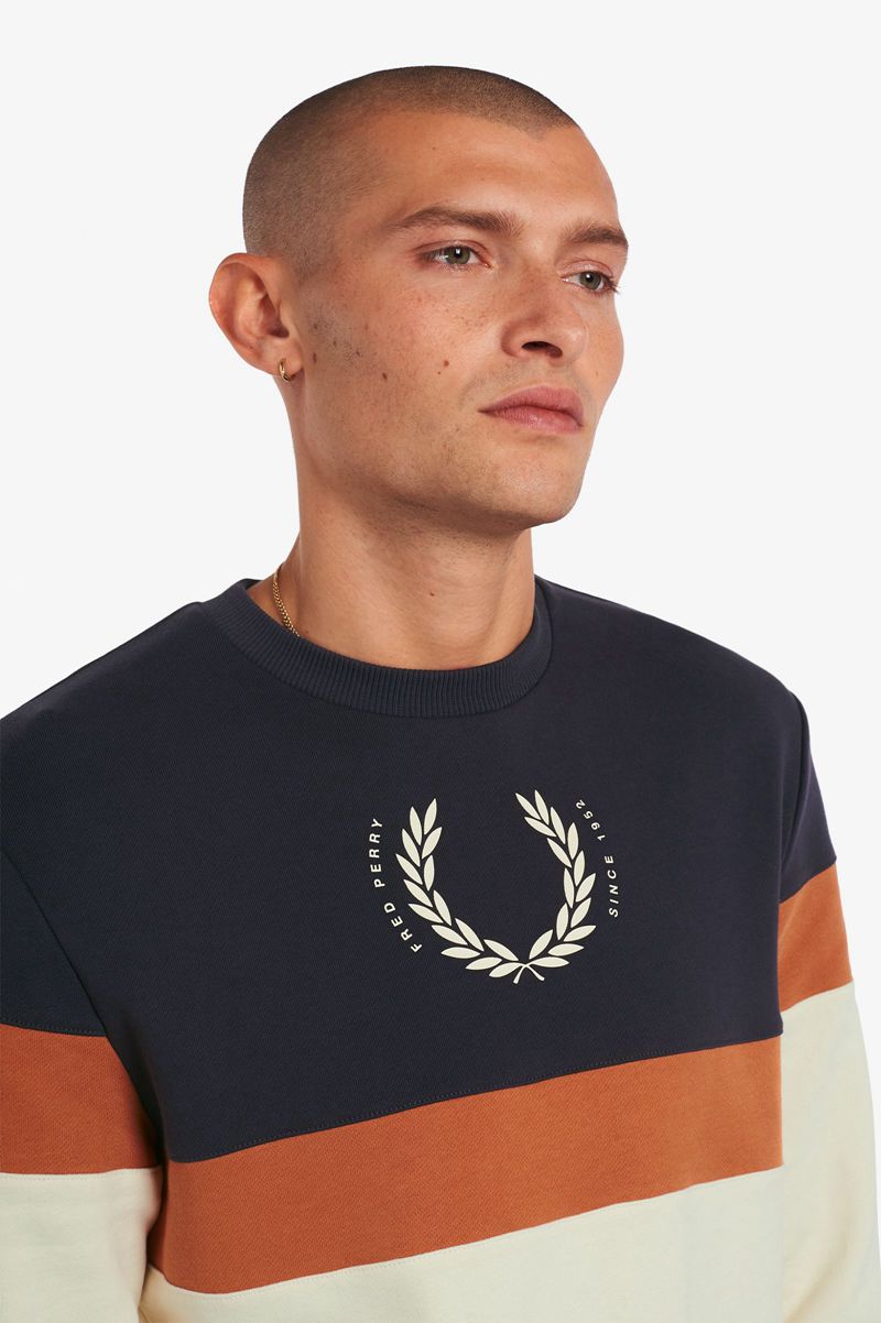 Men's Fred Perry Printed Colour Block Sweatshirts White | 8632947-XP