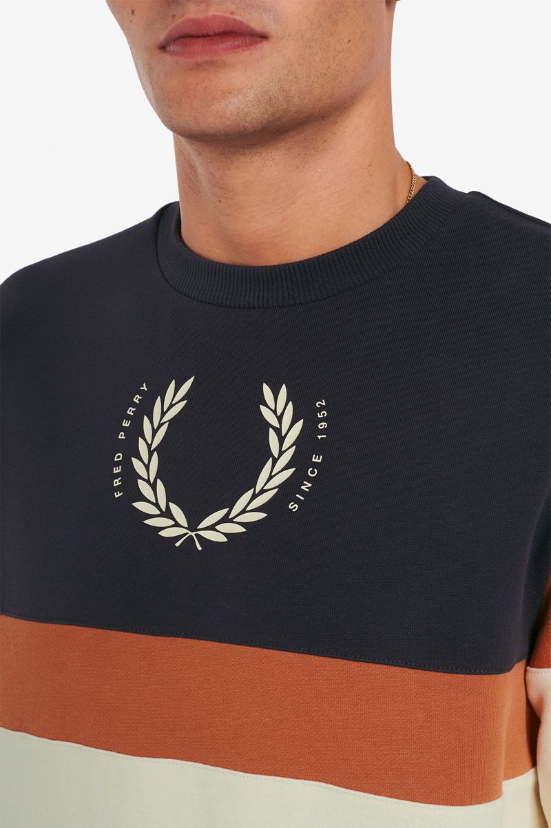 Men's Fred Perry Printed Colour Block Sweatshirts White | 8632947-XP