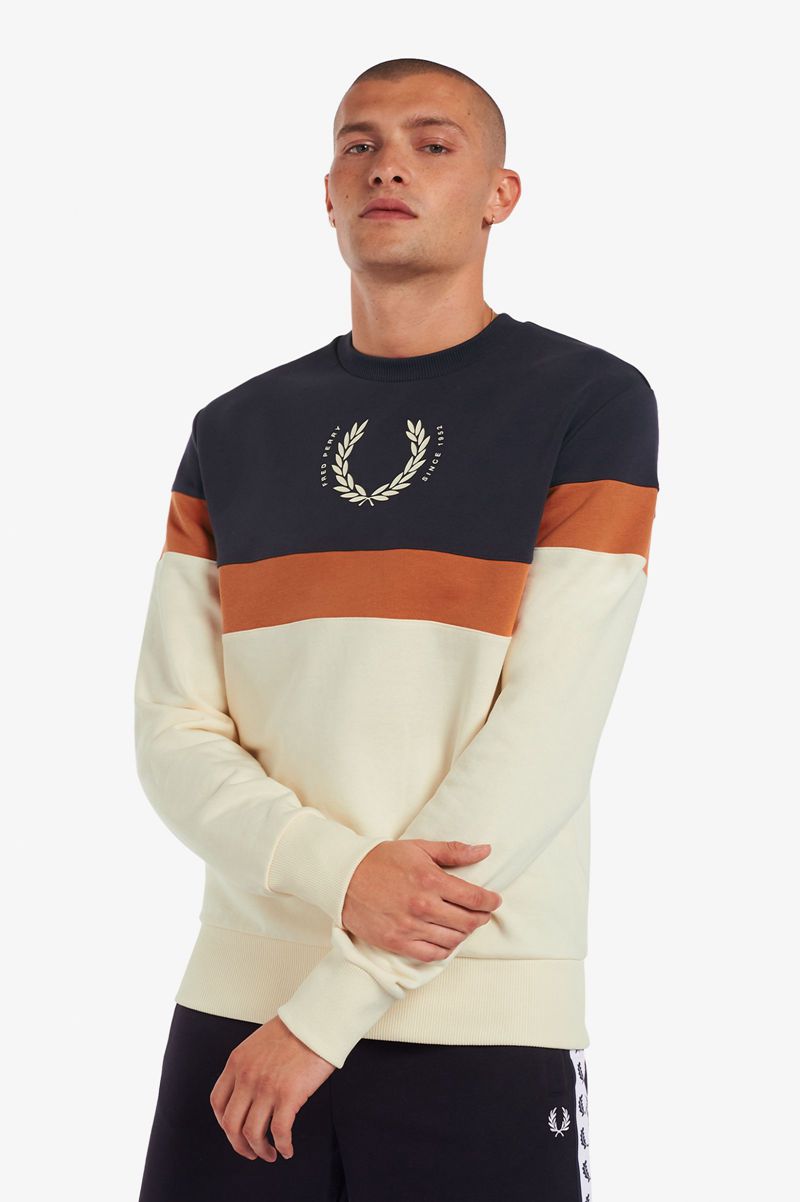 Men\'s Fred Perry Printed Colour Block Sweatshirts White | 8632947-XP