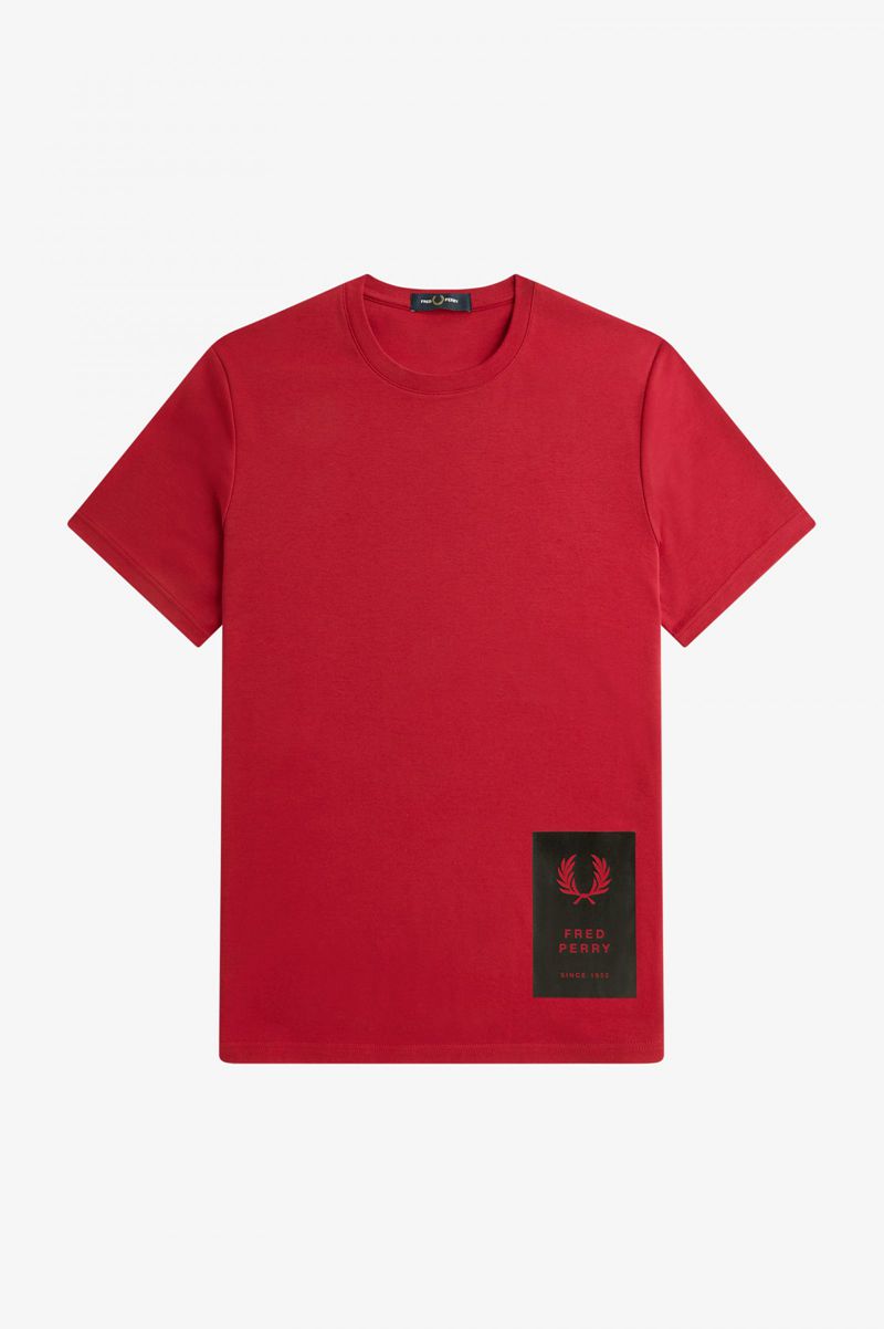 Men\'s Fred Perry Printed Hem Patch T-Shirts Red | 1497860-NX