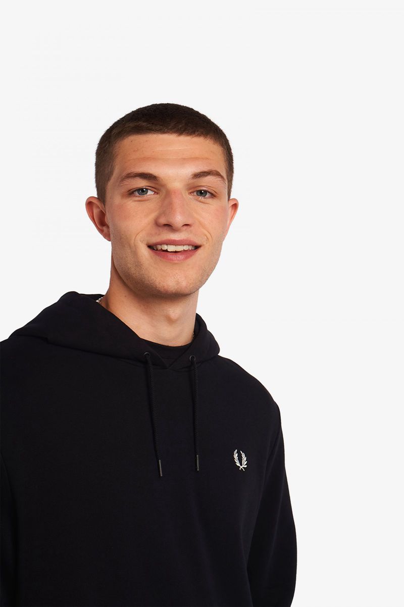 Men's Fred Perry Printed Patch Hooded Sweatshrt Sweatshirts Black | 4612857-XM