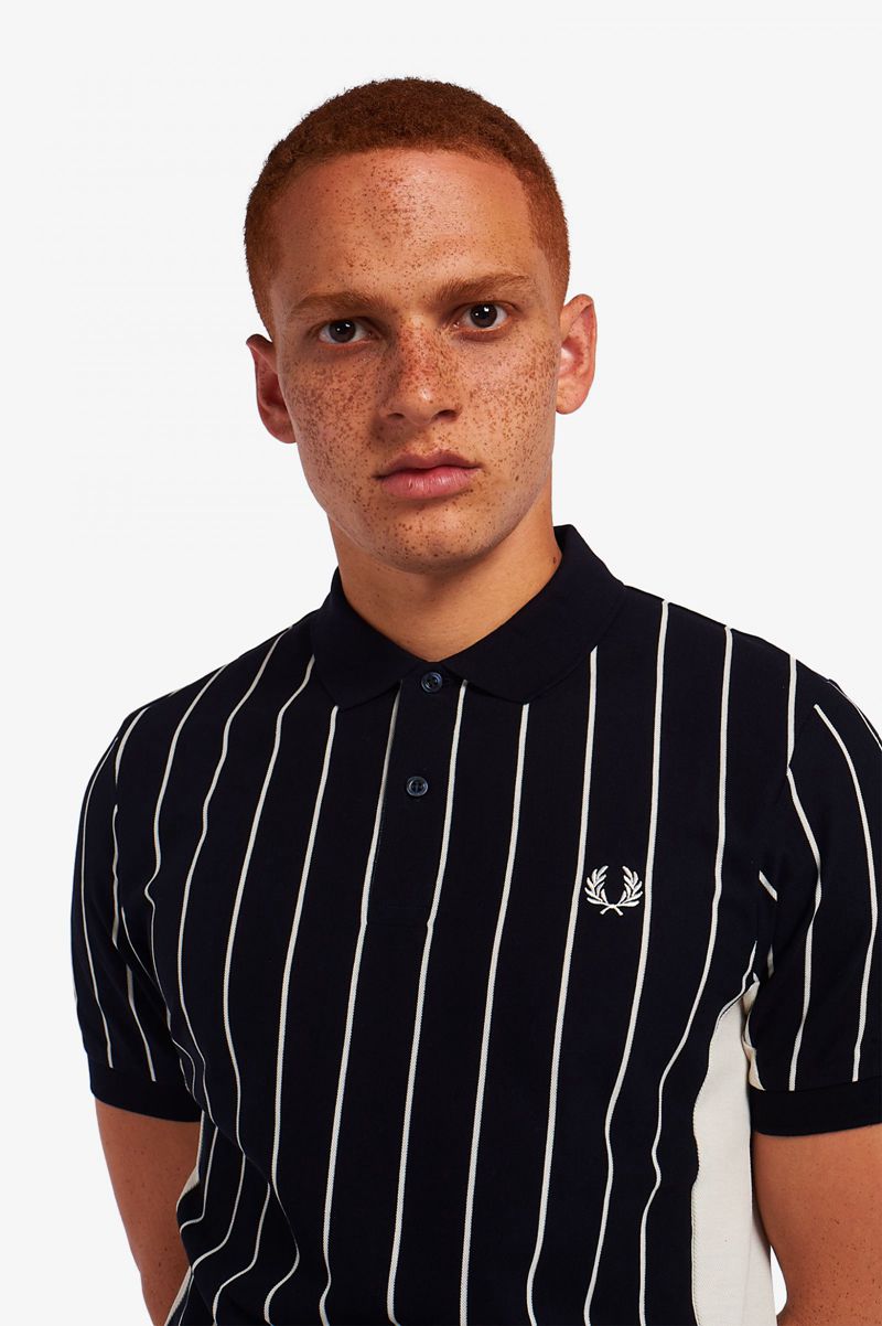 Men\'s Fred Perry Refined Pinstripe Polo Shirts Navy | 0428357-KJ