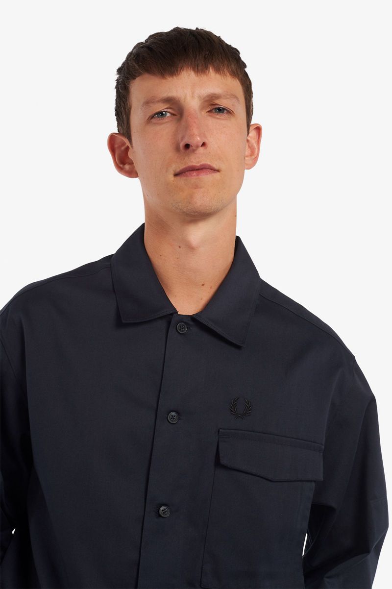 Men's Fred Perry Reinforced Patch Overshirt Shirts Navy | 1384905-AI