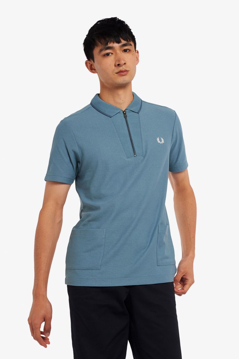 Men\'s Fred Perry Rib Detail Neck Polo Shirts Grey Blue | 0356478-CI