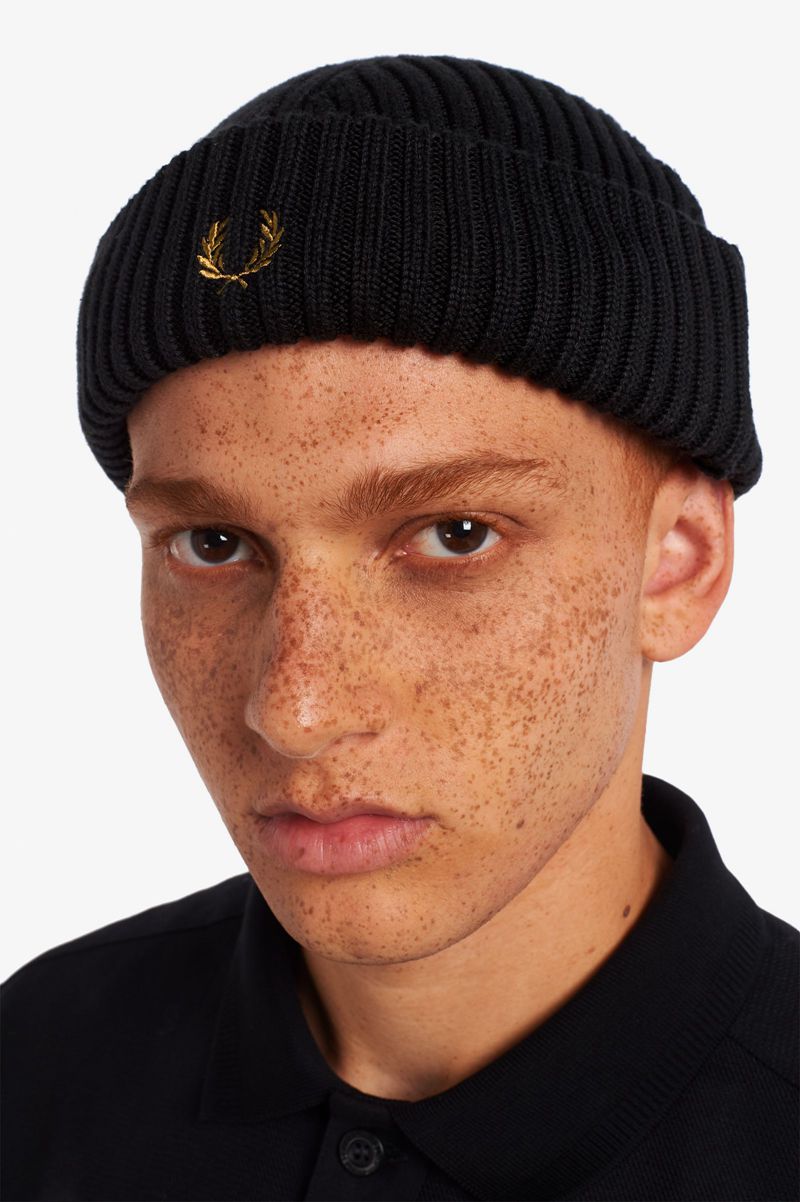 Men's Fred Perry Short Ribbed Beanie Black | 5690841-JP