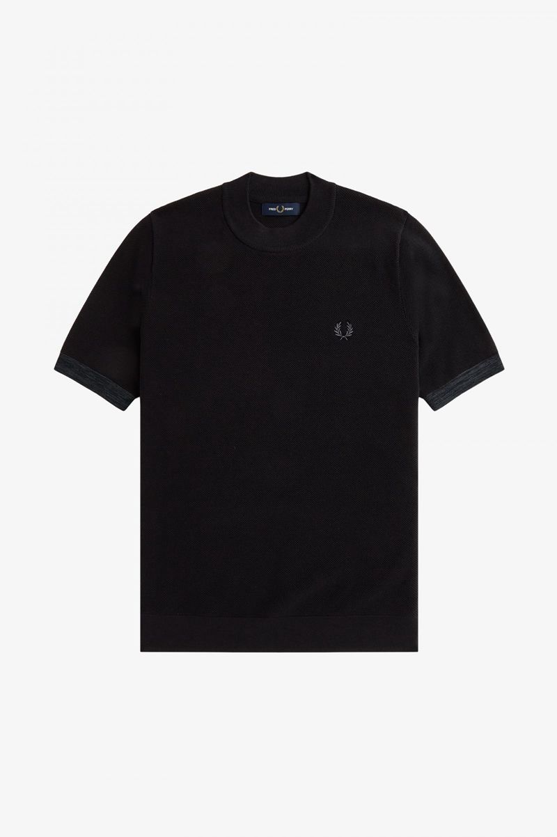 Men's Fred Perry Space Dye Trim Knitted T-Shirts Black | 3726954-MU