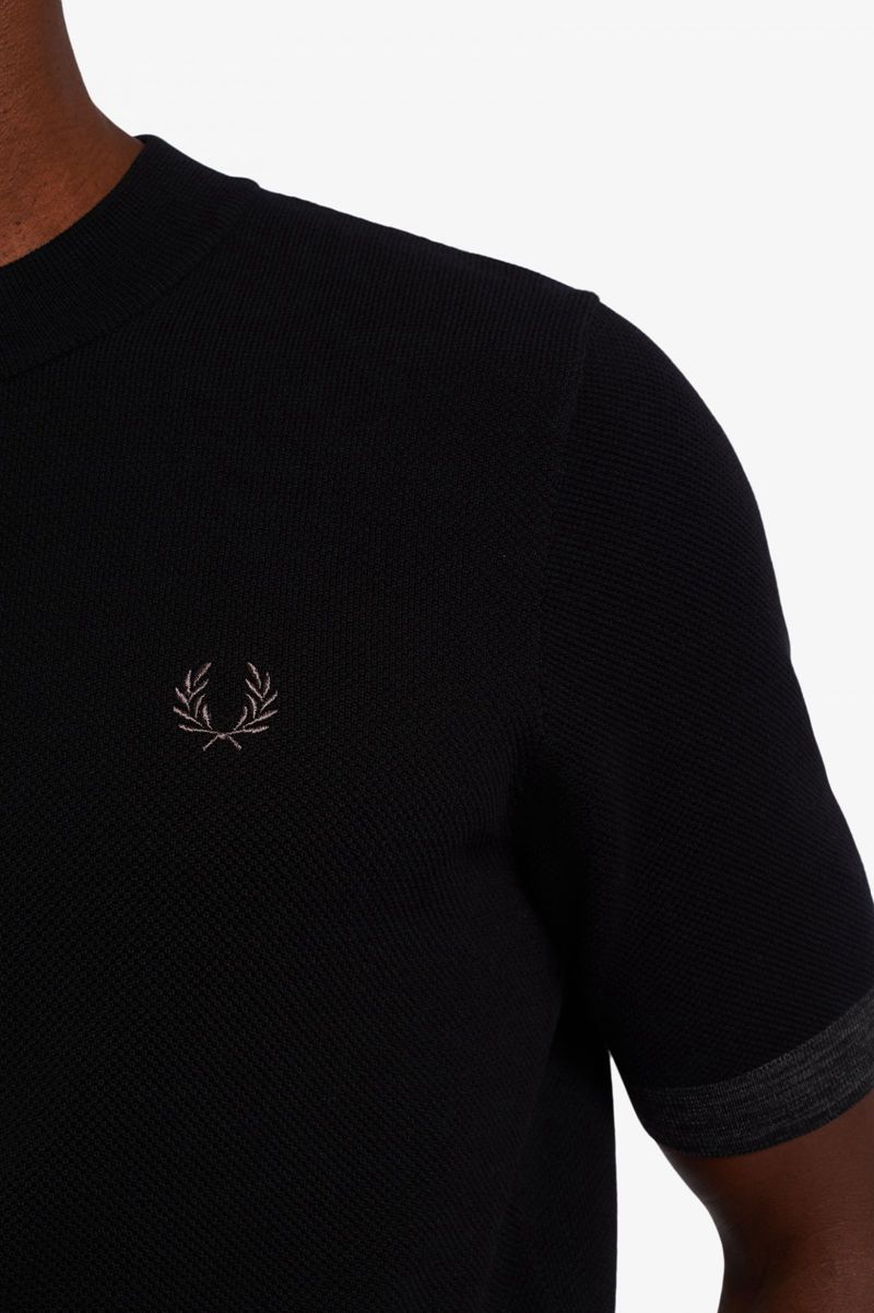 Men's Fred Perry Space Dye Trim Knitted T-Shirts Black | 3726954-MU