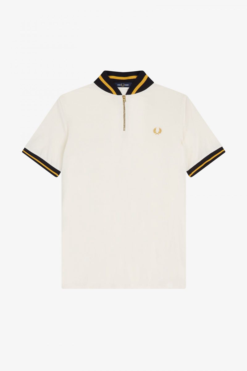 Men's Fred Perry Striped Bomber Neck Polo Shirts White | 6437295-DE