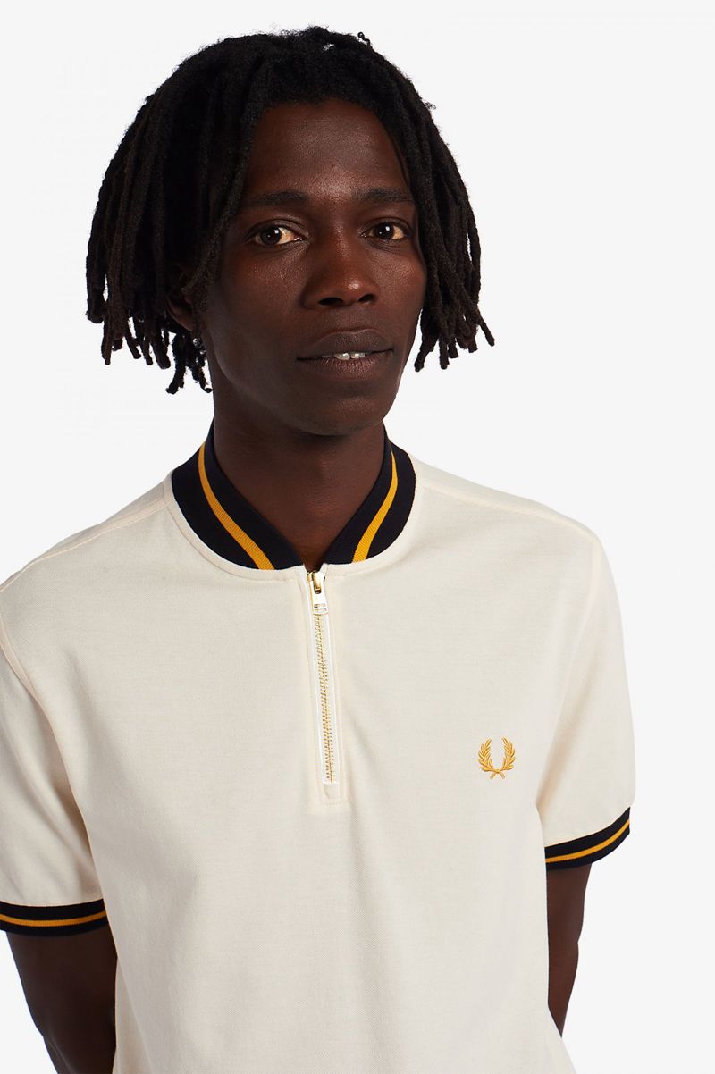 Men's Fred Perry Striped Bomber Neck Polo Shirts White | 6437295-DE