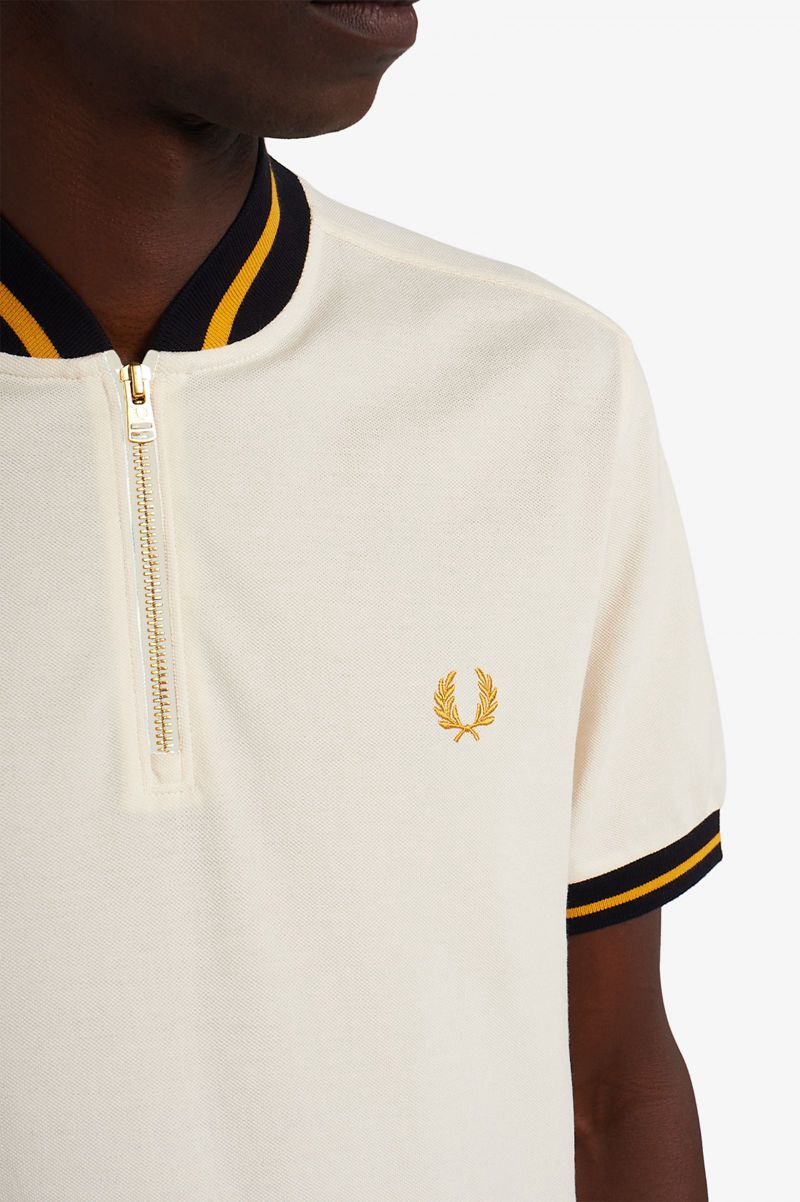 Men's Fred Perry Striped Bomber Neck Polo Shirts White | 6437295-DE