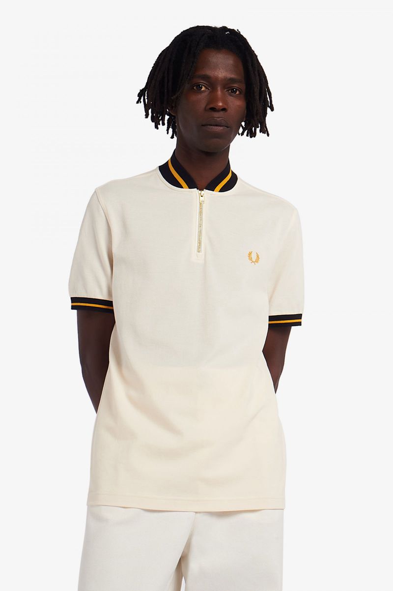 Men\'s Fred Perry Striped Bomber Neck Polo Shirts White | 6437295-DE