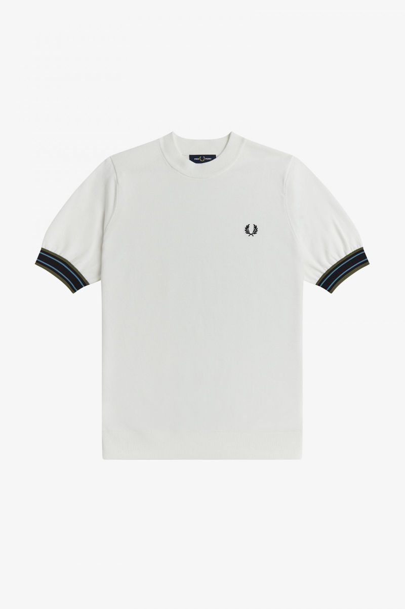 Men's Fred Perry Striped Cuff Knitted T-Shirts White | 0276934-WU