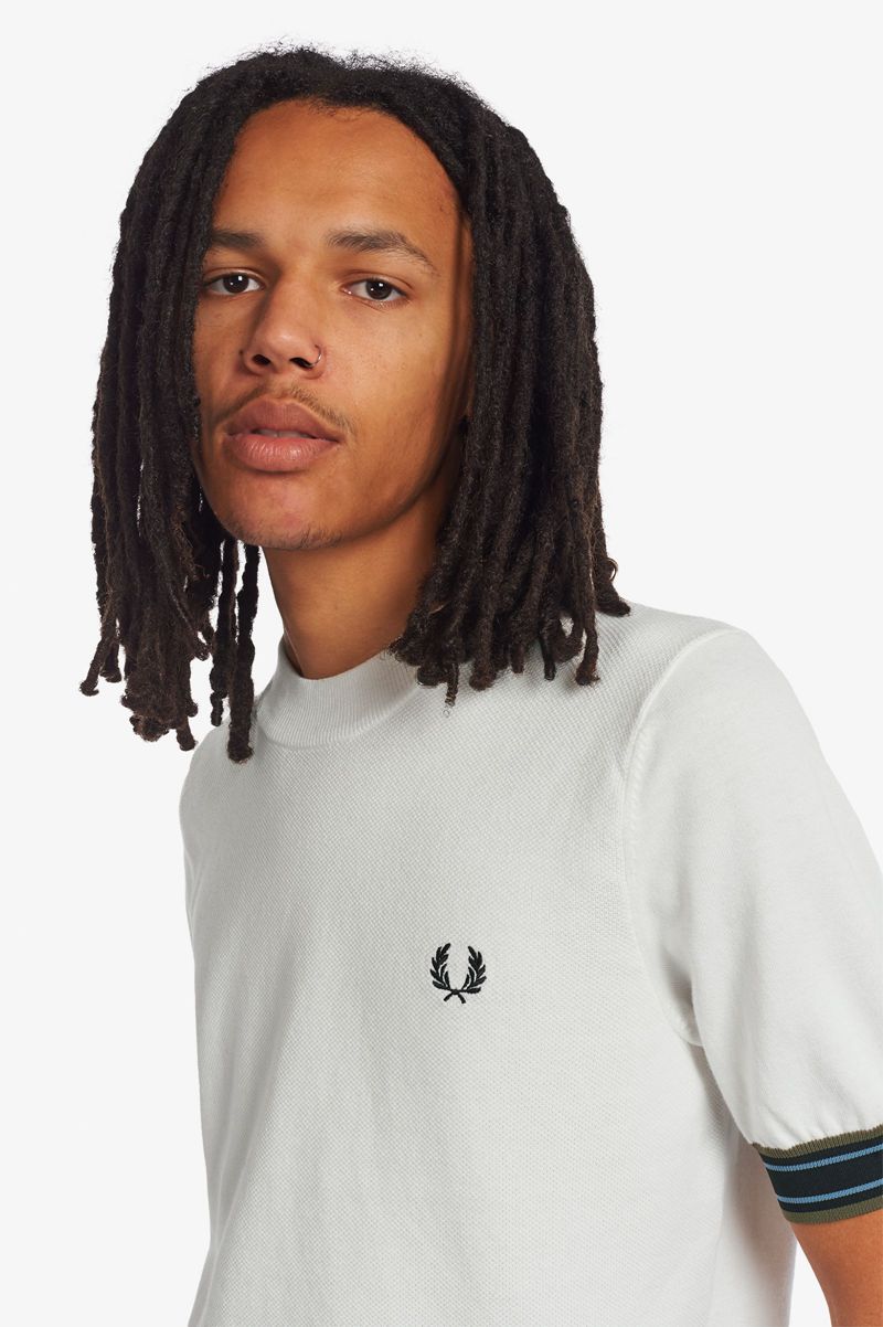 Men's Fred Perry Striped Cuff Knitted T-Shirts White | 0276934-WU