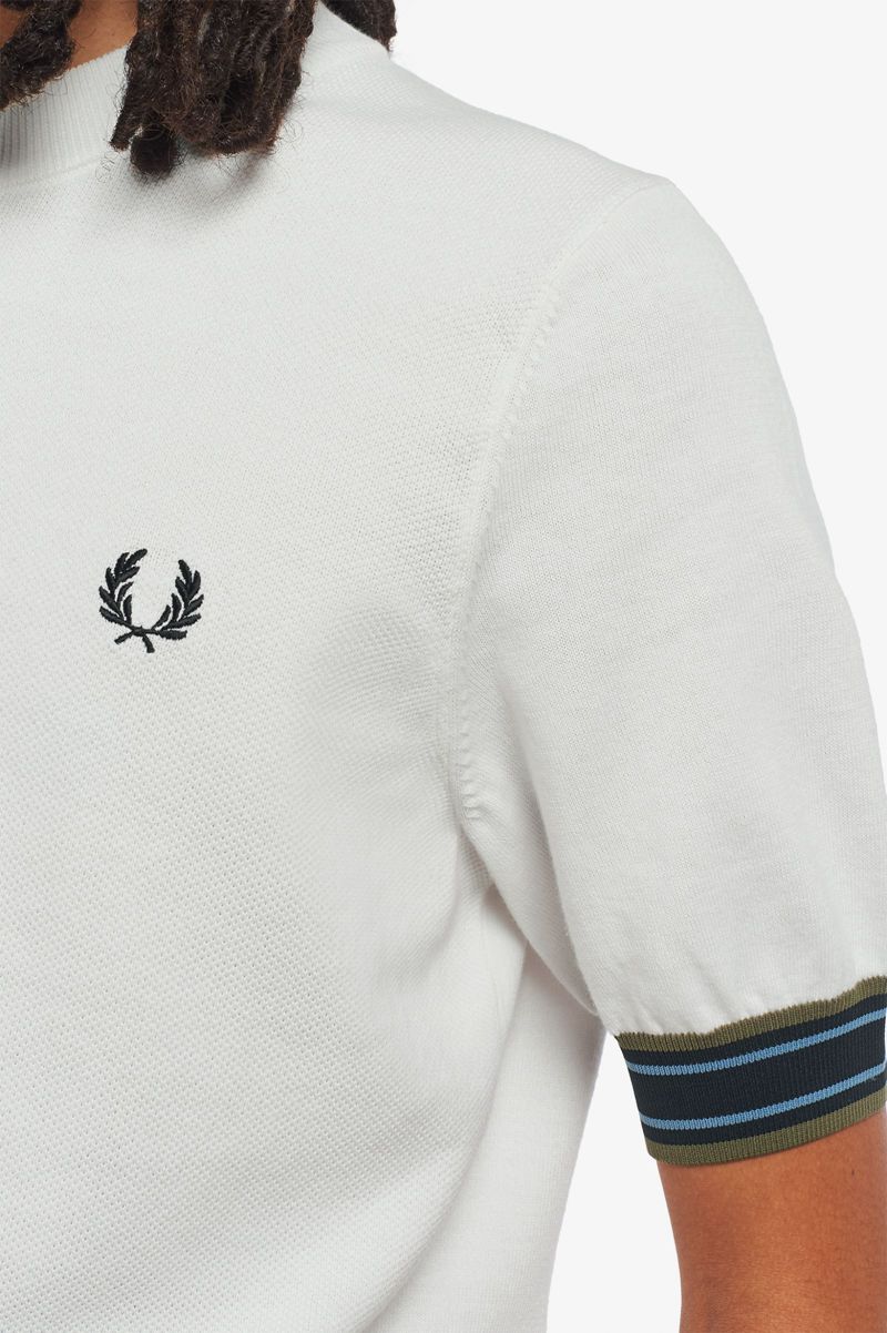 Men's Fred Perry Striped Cuff Knitted T-Shirts White | 0276934-WU