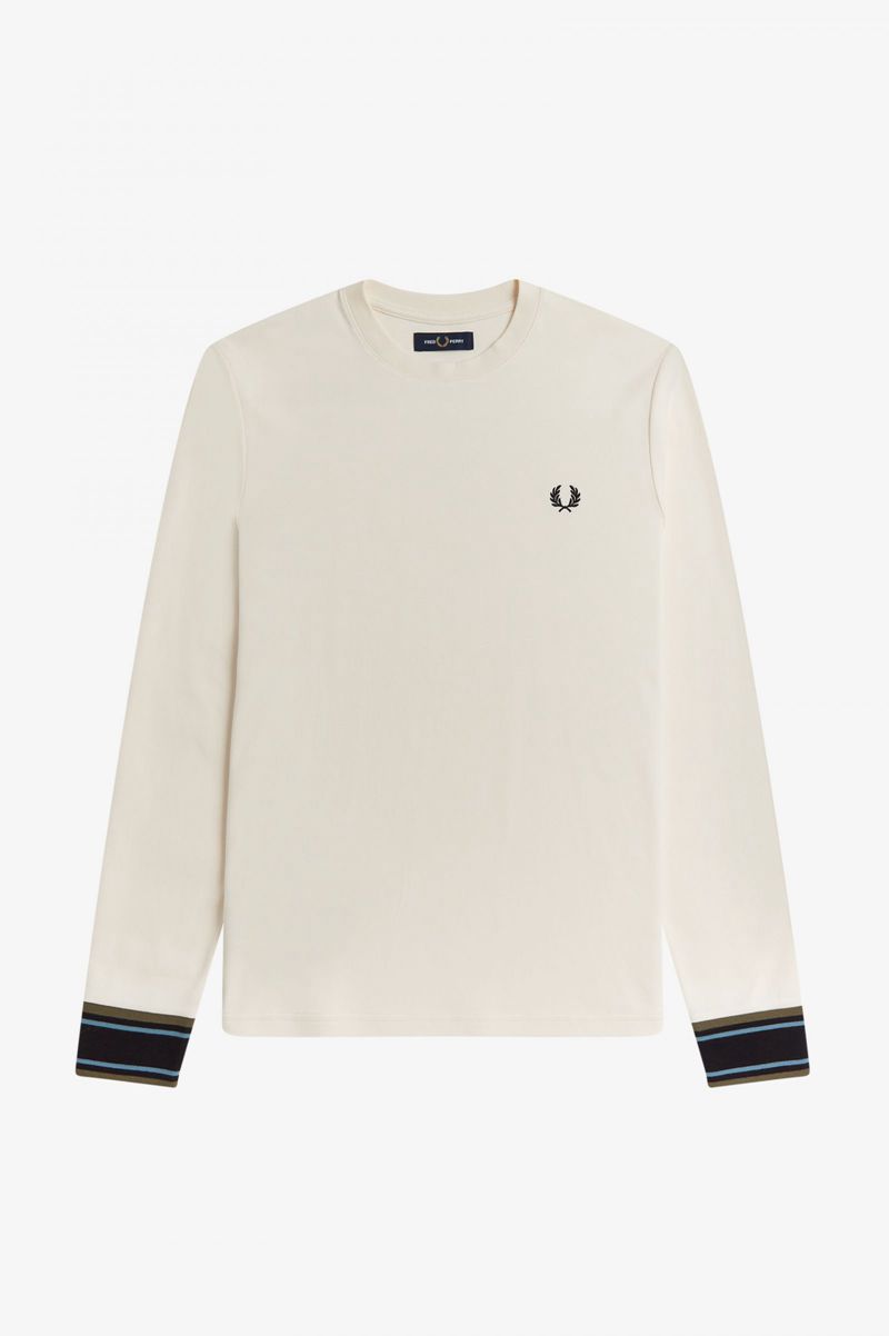 Men's Fred Perry Striped Cuff Long Sleeve T-Shirts White | 4176953-LE