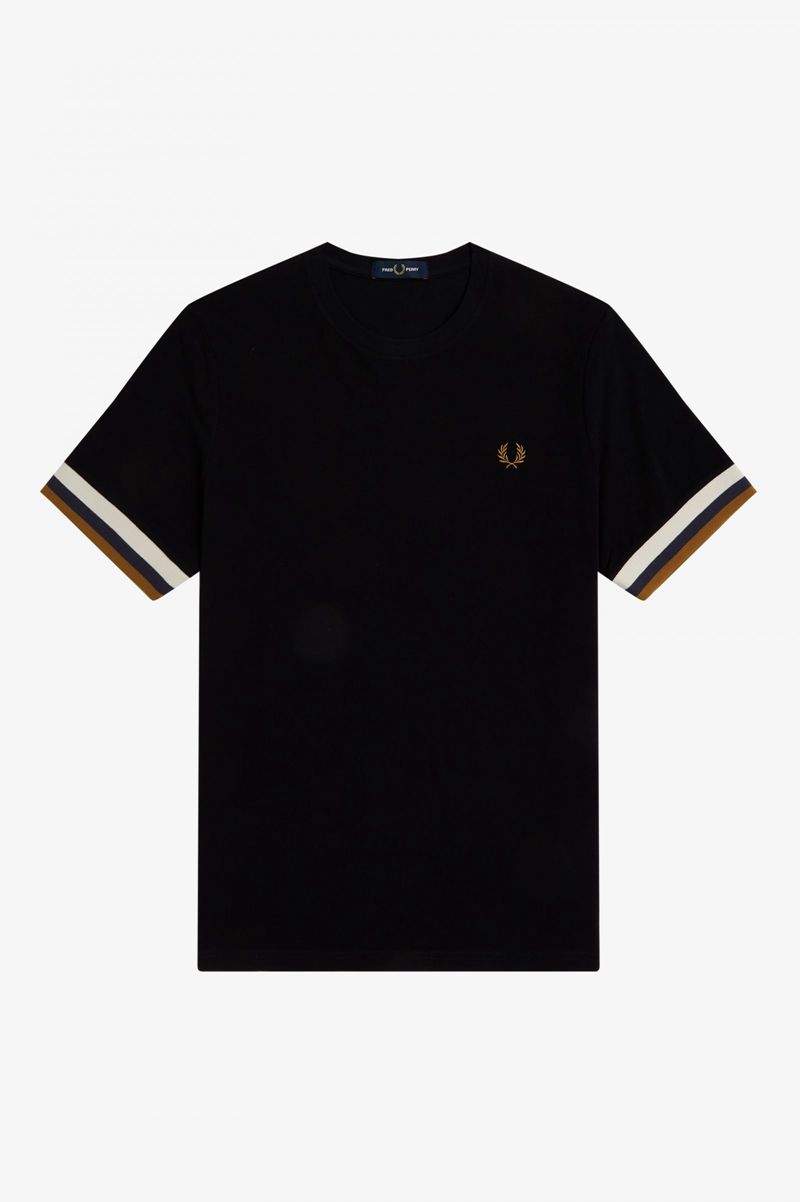 Men's Fred Perry Striped Cuff Piqué T-Shirts Black | 3920618-QU