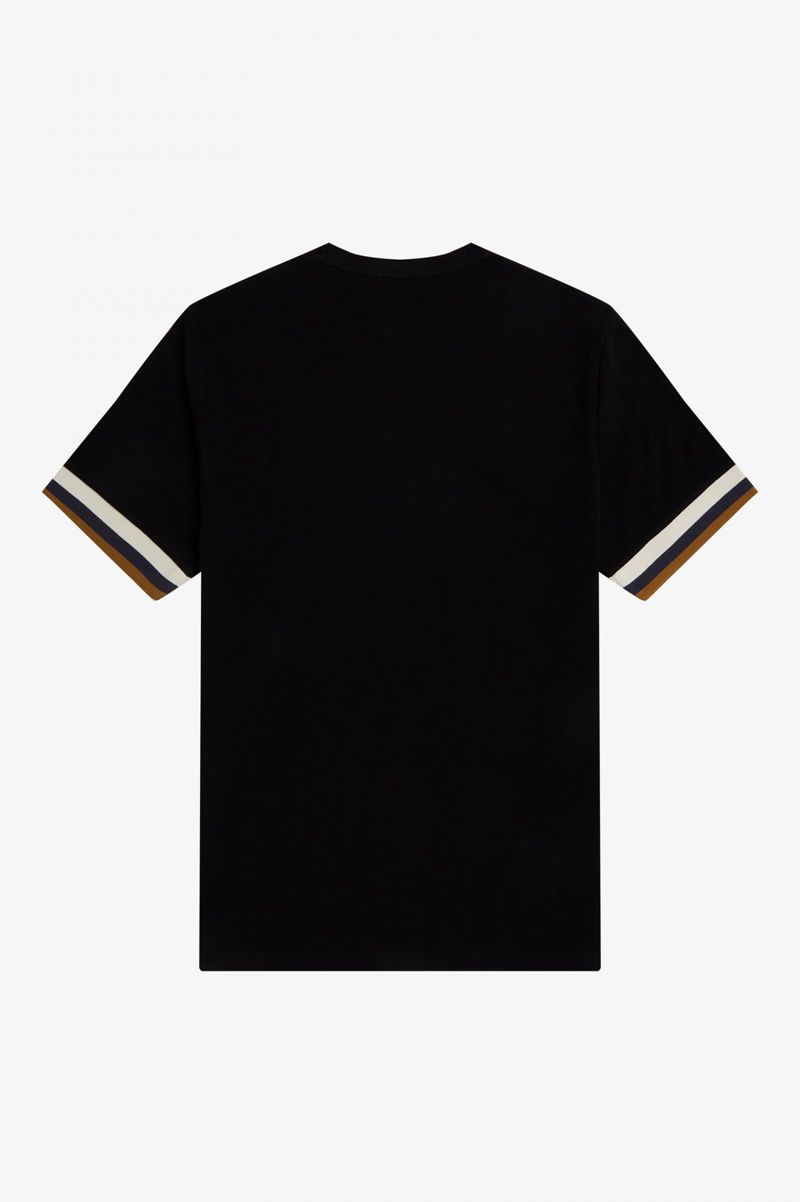 Men's Fred Perry Striped Cuff Piqué T-Shirts Black | 3920618-QU