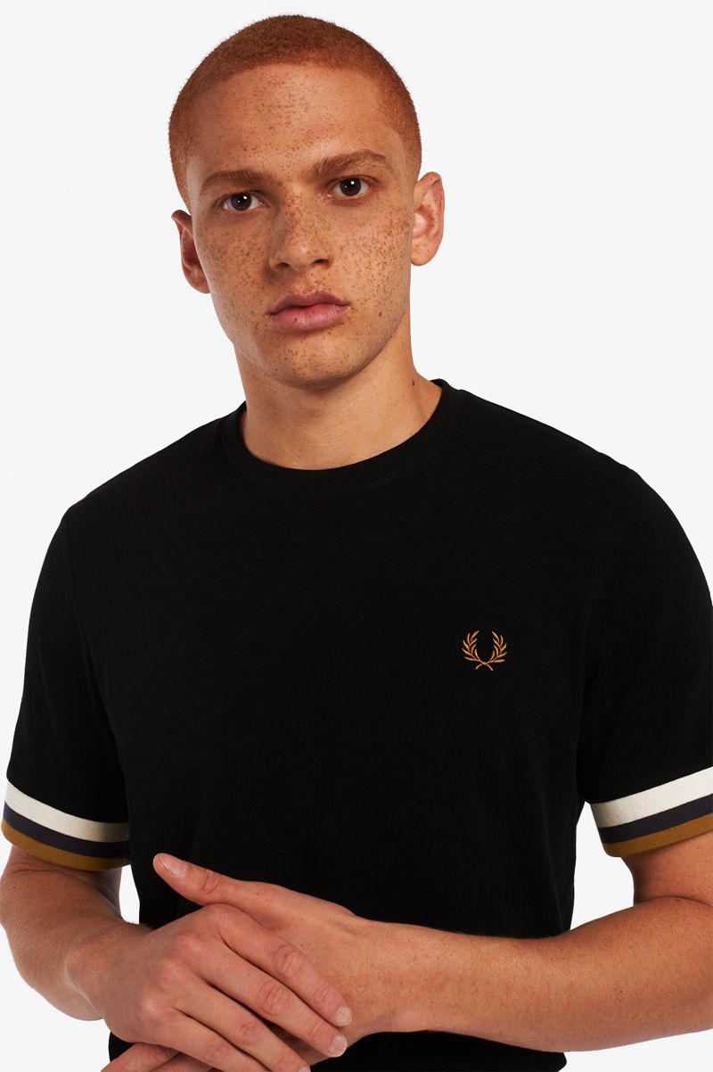 Men's Fred Perry Striped Cuff Piqué T-Shirts Black | 3920618-QU