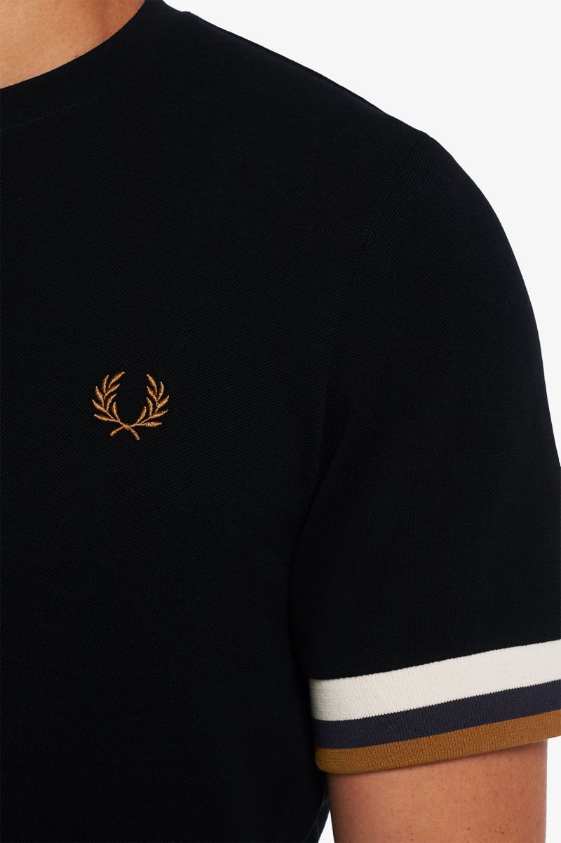 Men's Fred Perry Striped Cuff Piqué T-Shirts Black | 3920618-QU