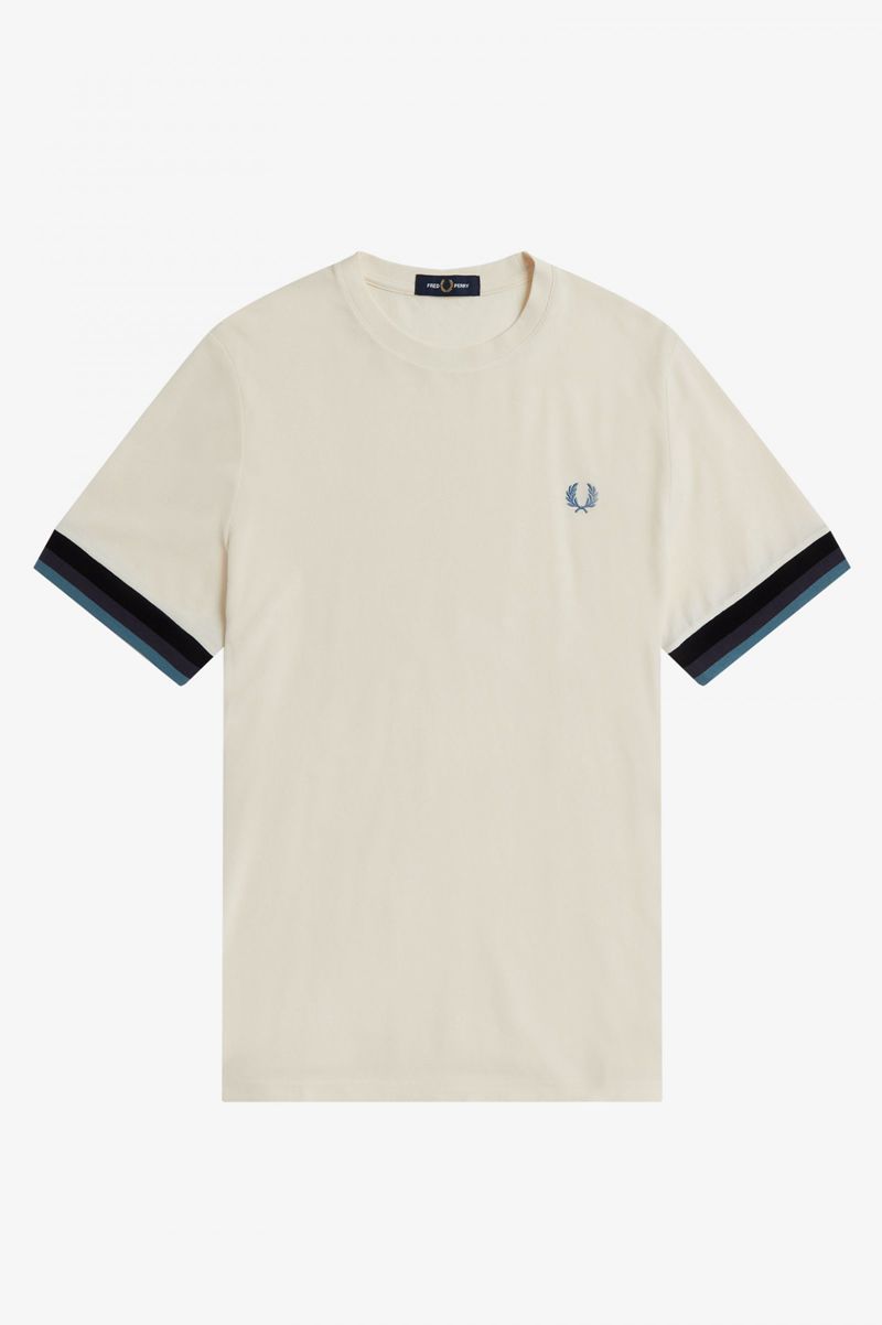 Men's Fred Perry Striped Cuff Piqué T-Shirts White | 7316429-AM