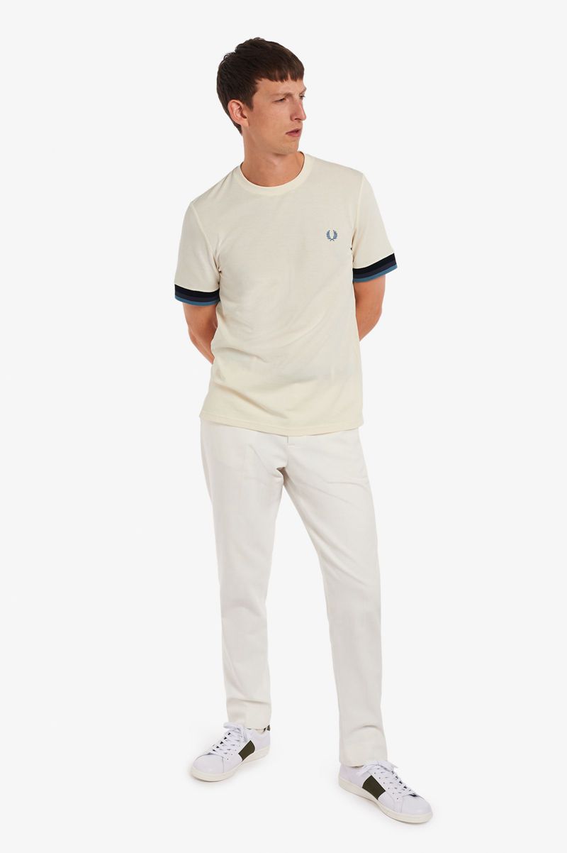 Men's Fred Perry Striped Cuff Piqué T-Shirts White | 7316429-AM