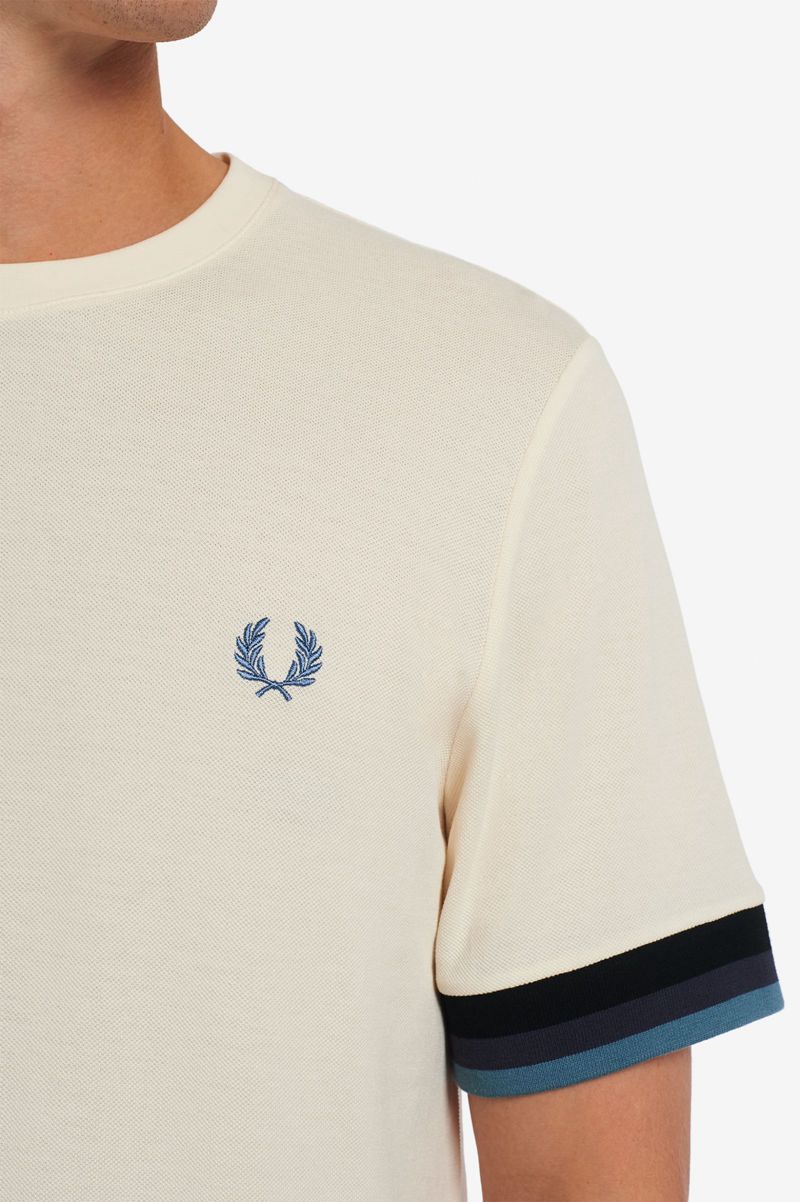 Men's Fred Perry Striped Cuff Piqué T-Shirts White | 7316429-AM