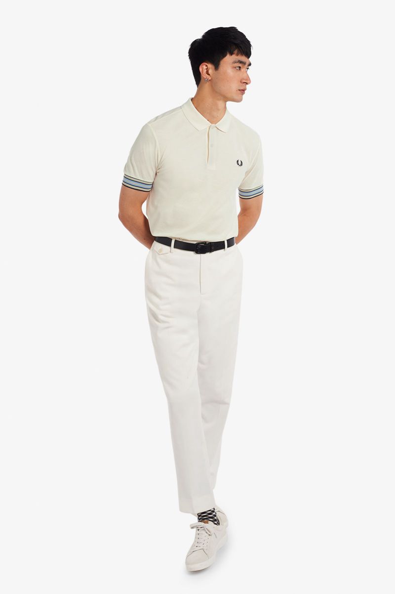 Men's Fred Perry Striped Cuff Polo Shirts White | 8057329-WP