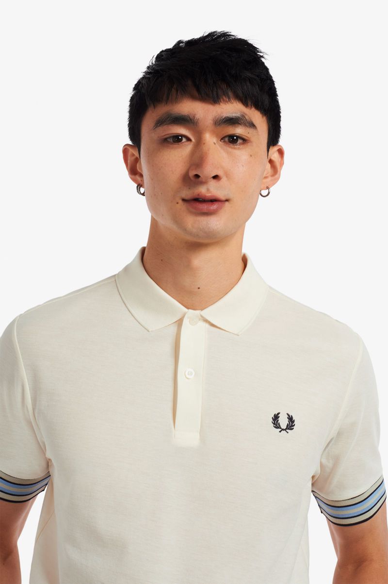 Men's Fred Perry Striped Cuff Polo Shirts White | 8057329-WP