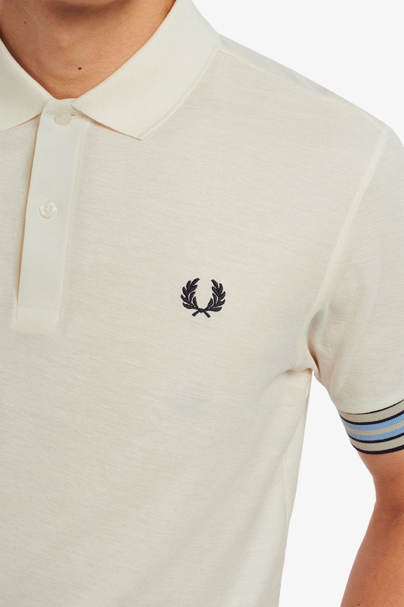 Men's Fred Perry Striped Cuff Polo Shirts White | 8057329-WP