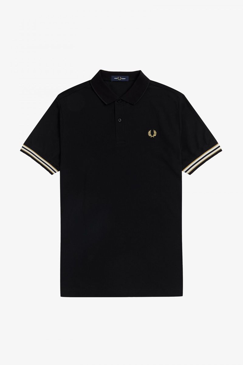 Men's Fred Perry Striped Cuff Polo Shirts Black | 9348061-OV