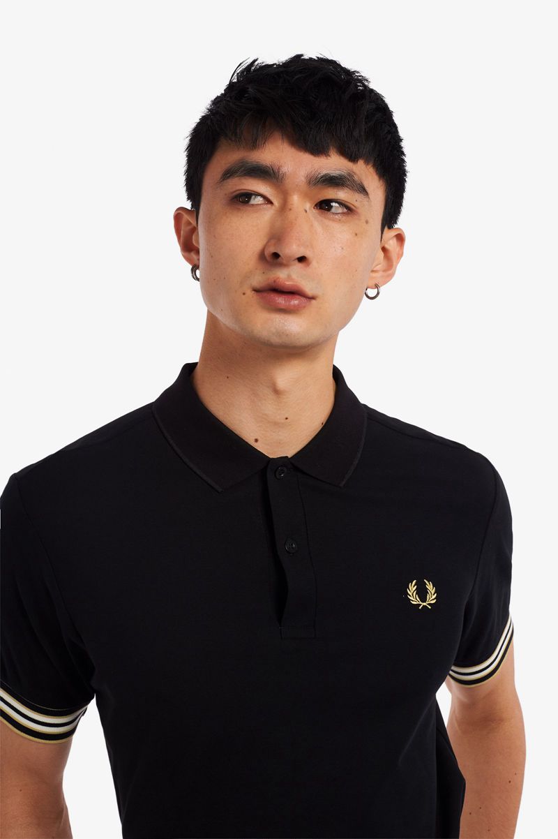 Men's Fred Perry Striped Cuff Polo Shirts Black | 9348061-OV