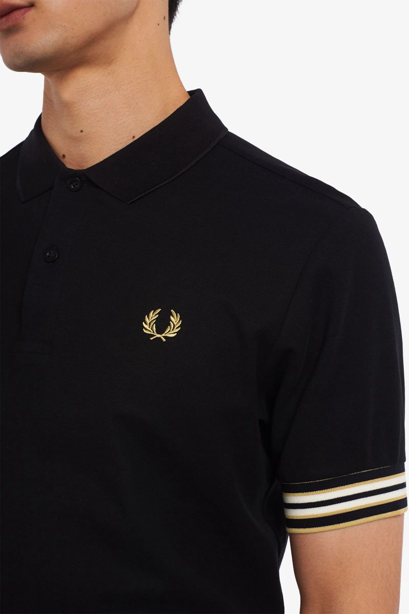 Men's Fred Perry Striped Cuff Polo Shirts Black | 9348061-OV