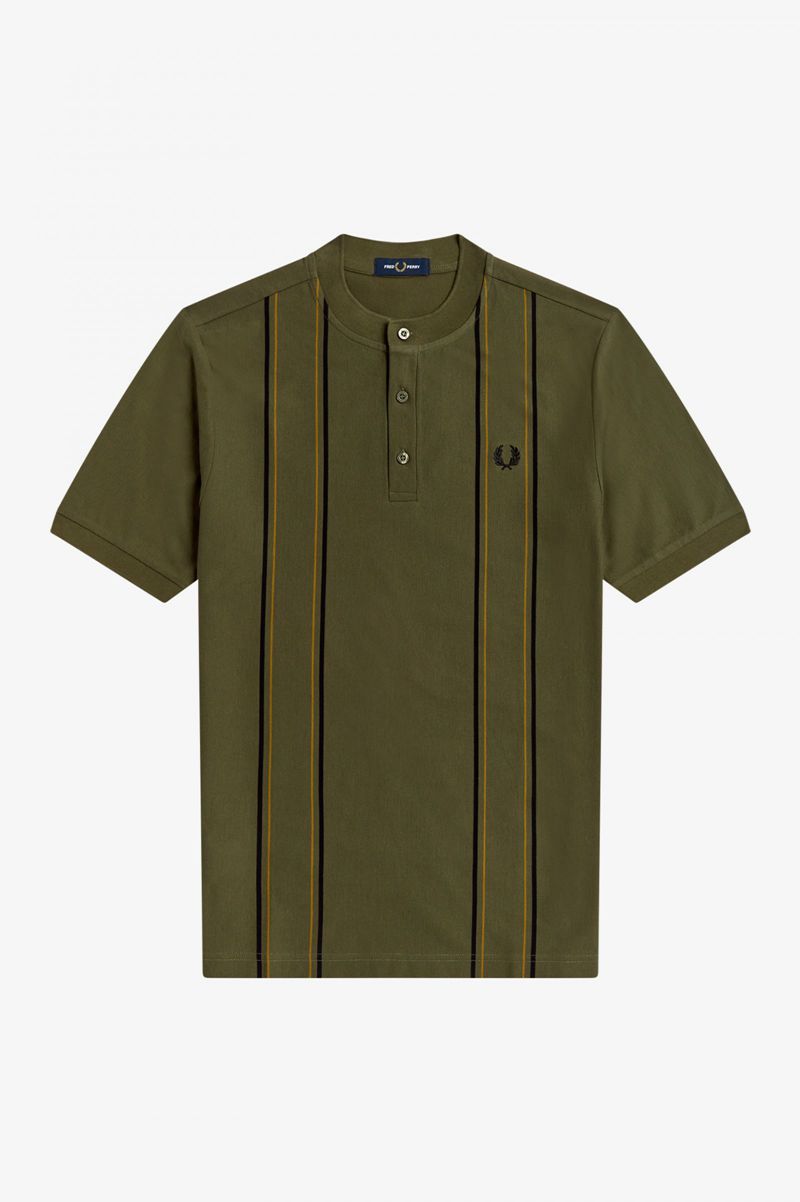 Men's Fred Perry Striped Henley Polo Shirts Green | 1390285-FX