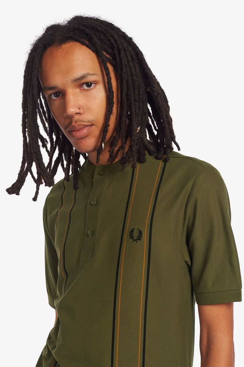 Men's Fred Perry Striped Henley Polo Shirts Green | 1390285-FX