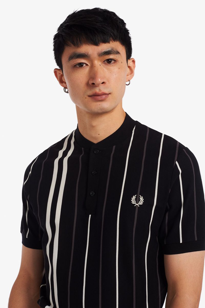 Men's Fred Perry Striped Henley Polo Shirts Black | 1487263-GY