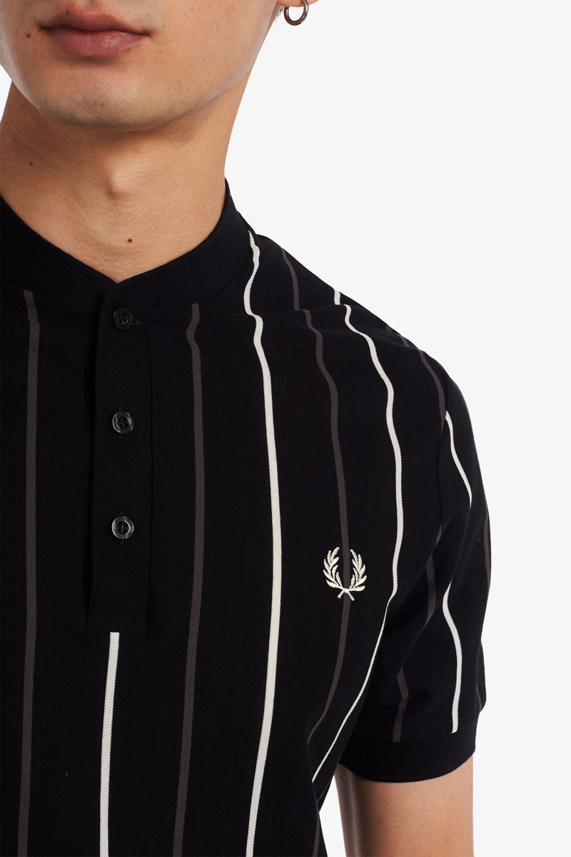 Men's Fred Perry Striped Henley Polo Shirts Black | 1487263-GY