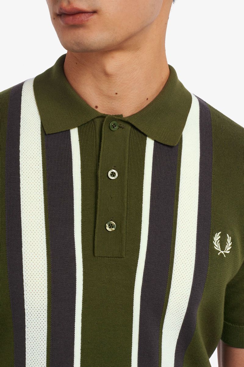 Men's Fred Perry Striped Knitted Shirts Green | 9406321-LR